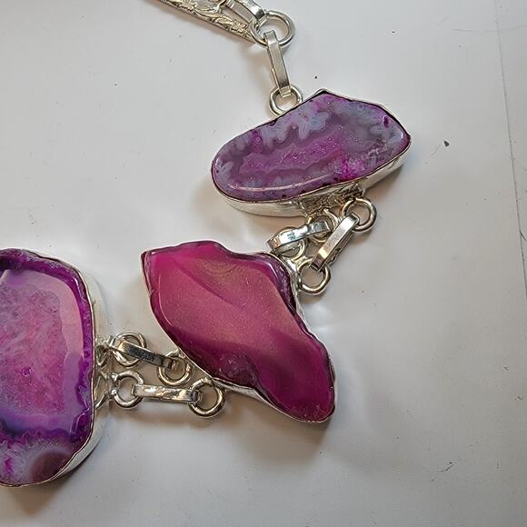 Gemstone Bracelets Sterling Silver Raw Pink Agate Slice Bracelet Adjustable Fit - Picture 7 of 10